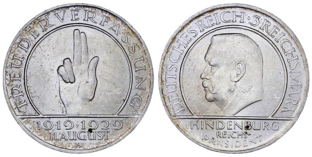 ВЕЙМАРСКАЯ РЕСПУБЛИКА 3 марки 1929A 10 лет Веймарской конституции ННР UNC Det. (0018)