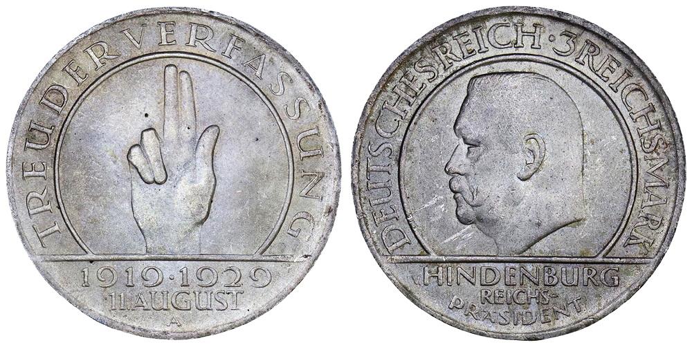 ВЕЙМАРСКАЯ РЕСПУБЛИКА 3 марки 1929A 10 лет Веймарской конституции ННР MS63 (0019)