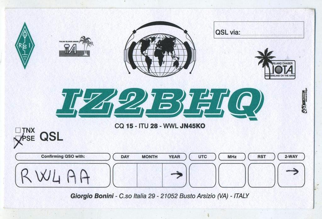 Карточка радиообмена QSL - Италия, Ломбардия, Бусто-Арсицио 2000 год (РК-22)-44