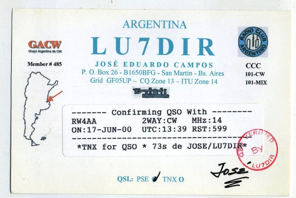 Карточка радиообмена QSL - Аргентина 2000 год (РК-22)-47