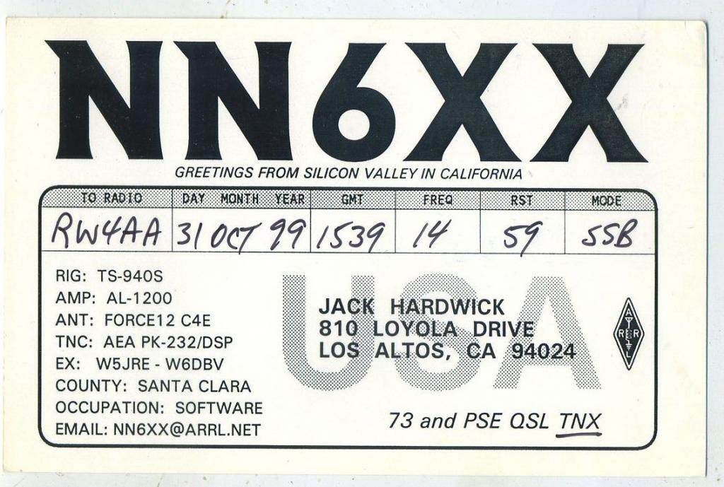 Карточка радиообмена QSL - США, Калифорния, Лос-Альтос 1999 год (РК-22)-38