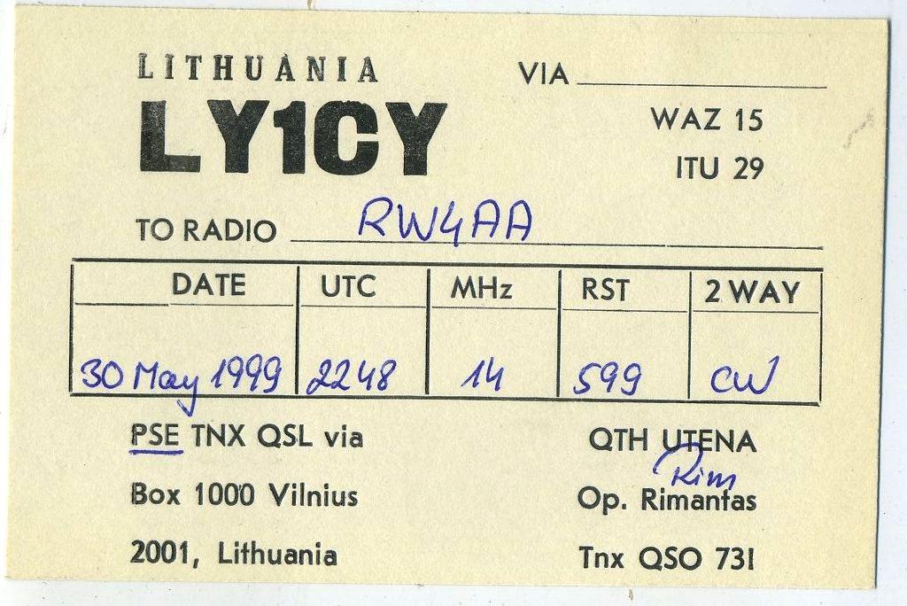 Карточка радиообмена QSL - Литва, Вильнюс 1999 год (РК-24)-10