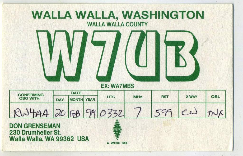 Карточка радиообмена QSL - США, Вашингтон, Уолла-Уолла 1999 год (РК-24)-42