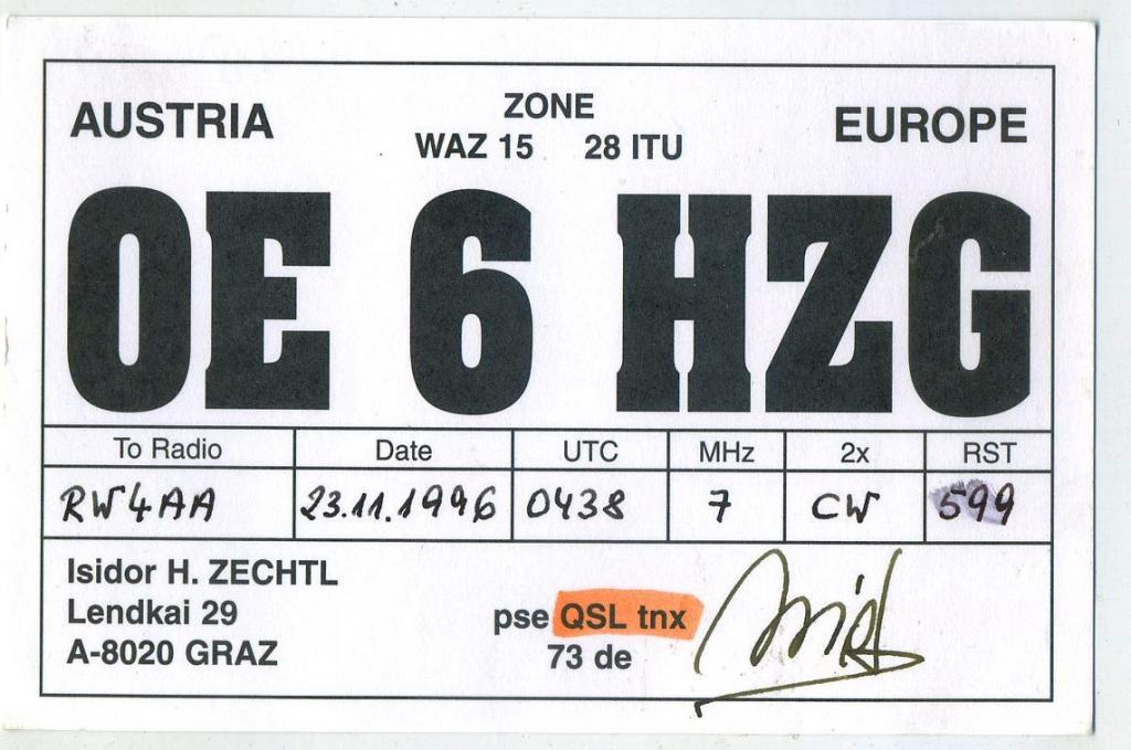 Карточка радиообмена QSL - Австрия,  Грац 1996 год (РК-25)-19