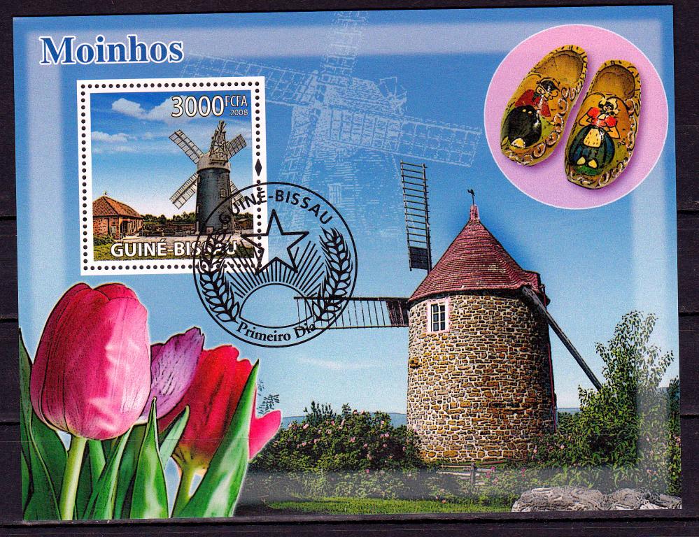 Марки Гвинея Бисау 2008 г. Ветряные мельницы Блок Архитектура
