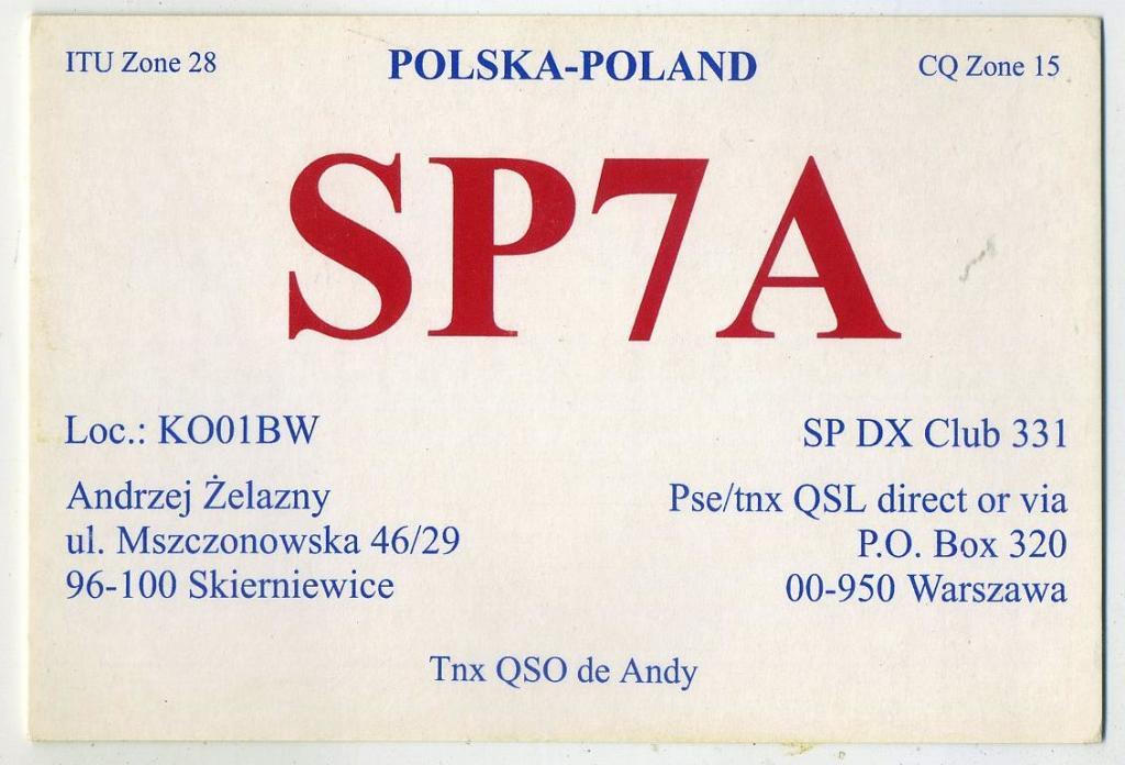 Карточка радиообмена QSL - Польша. Скерневице 1998 год (РК-25)-41