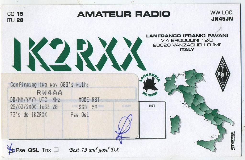 Карточка радиообмена QSL - Италия, Ванцагелло 2000 год (РК-25)-39