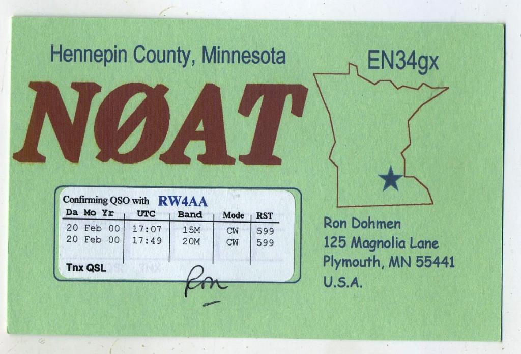 Карточка радиообмена QSL - США, Минессота, Плимут 2000 год (РК-25)-30