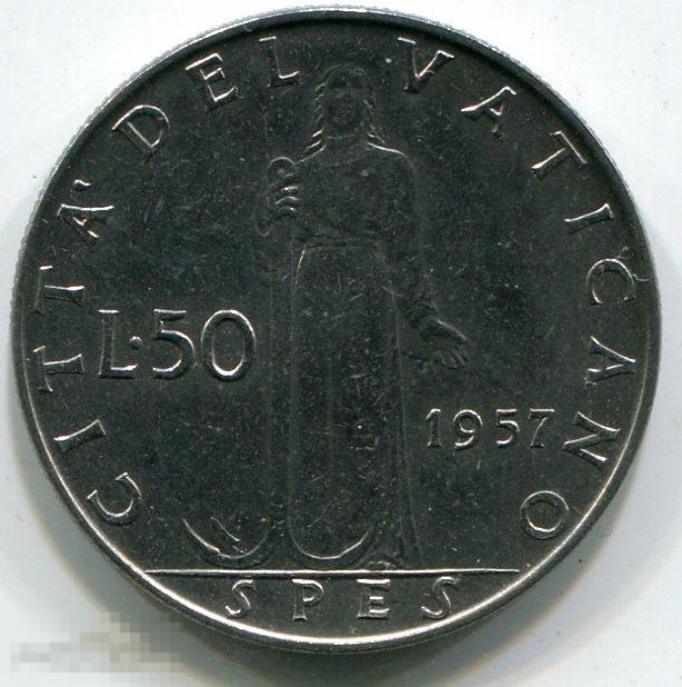(z1105xxxx) ВАТИКАН - 50 ЛИР 1957 / XF-UNC KM54.1 италия