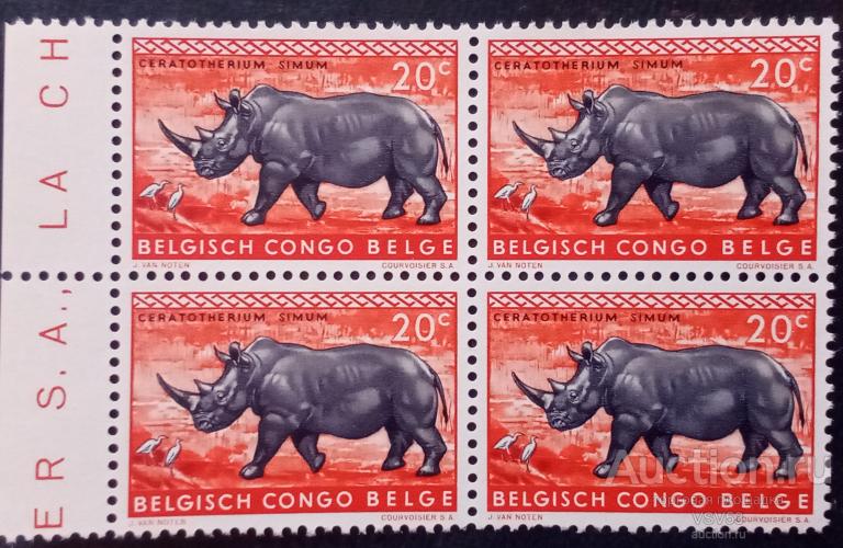 Бельгийской Конго 1959 г. Носорог. MNH.