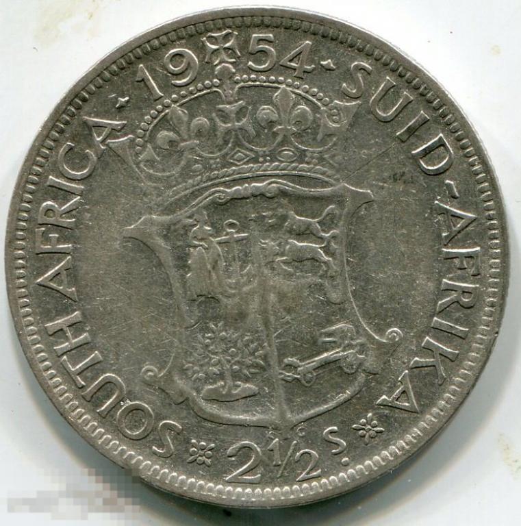 (s337064) ЮЖНАЯ АФРИКА - 2-1/2 ШИЛЛИНГА 1954 / KM51 серебро