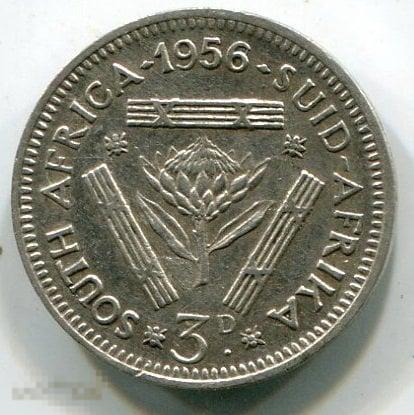 (s340534) ЮЖНАЯ АФРИКА - 3 ПЕНСА 1956 / KM47 юар серебро