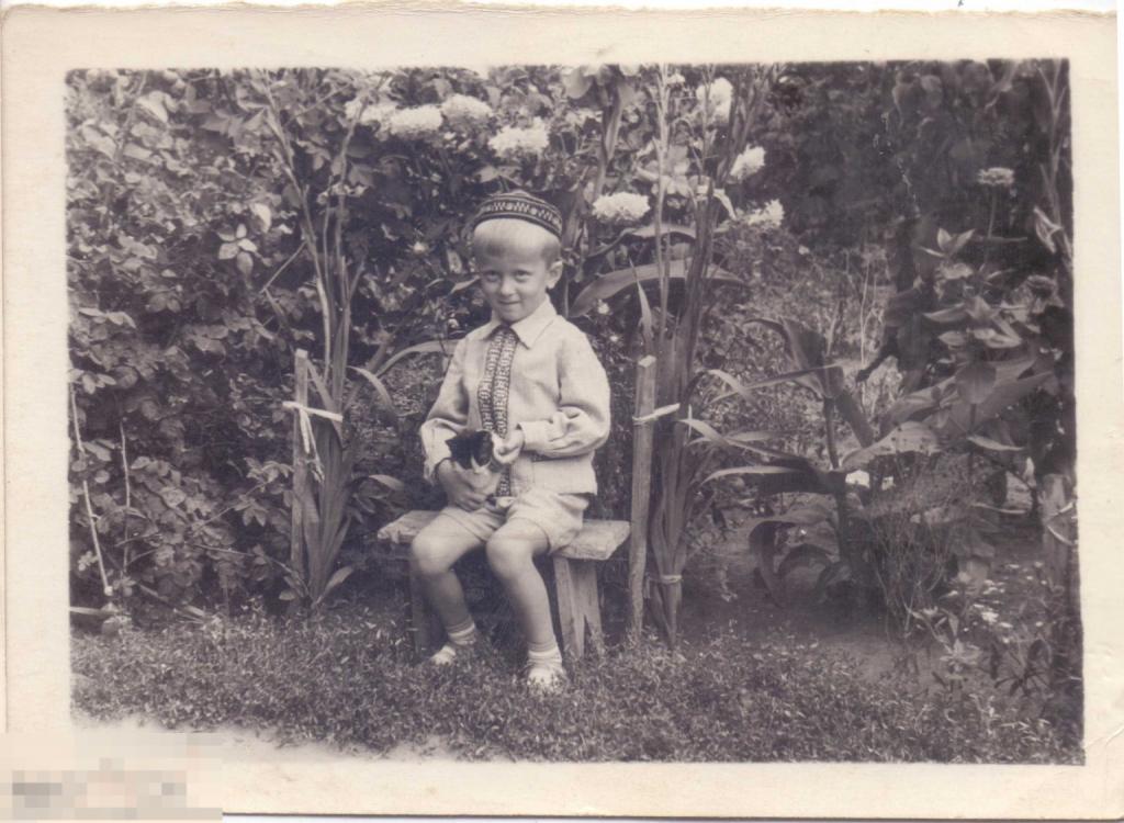 Маленький мальчик в тюбетейке с кошкой, сидящий на скамеечке. 1960-е гг.