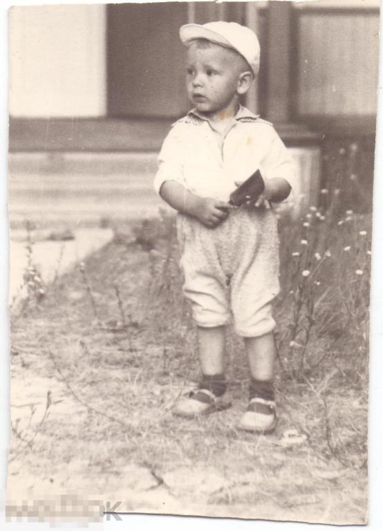 Маленький мальчик с флажком. Леша на отдыхе на озере. 1960-70-е гг.