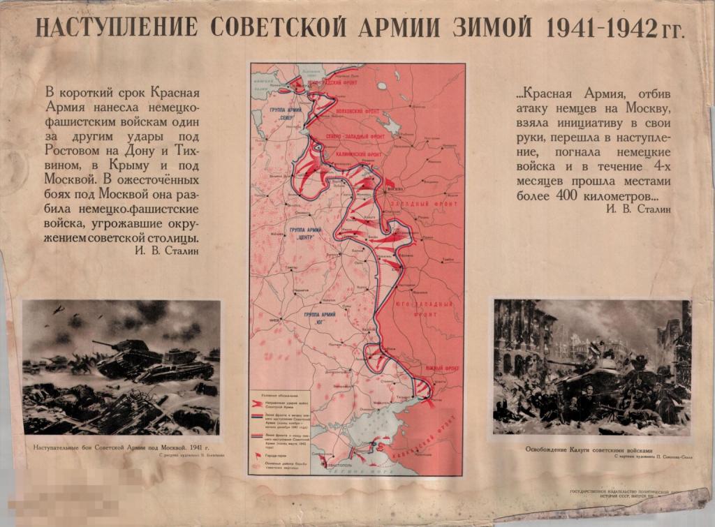 Наступление Советской армии зимой 1941-1942 гг. Плакат СССР. 1952 г. Оригинал