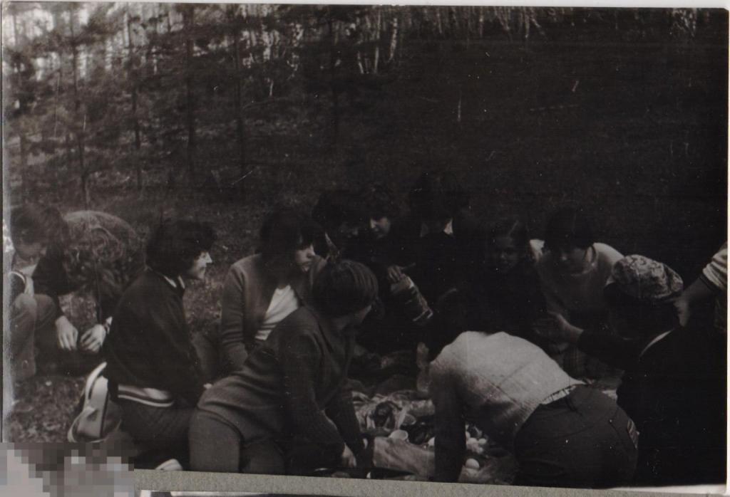 Большая группа девушек и юношей на пикнике в лесу. 1978 г.