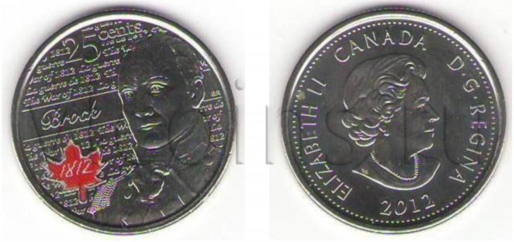 25 центов Квотер 2012 Айзек Брок цветная Канада UNC 98881