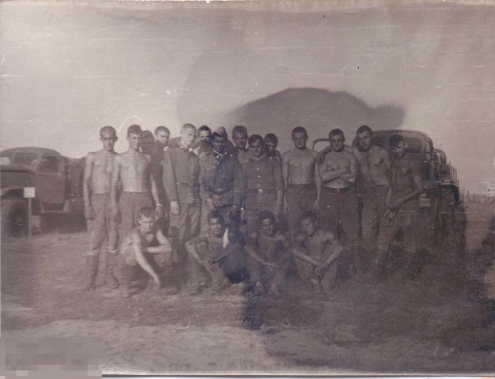 Большая группа солдат с голым торсом на фоне грузовиков. 1960-е гг.