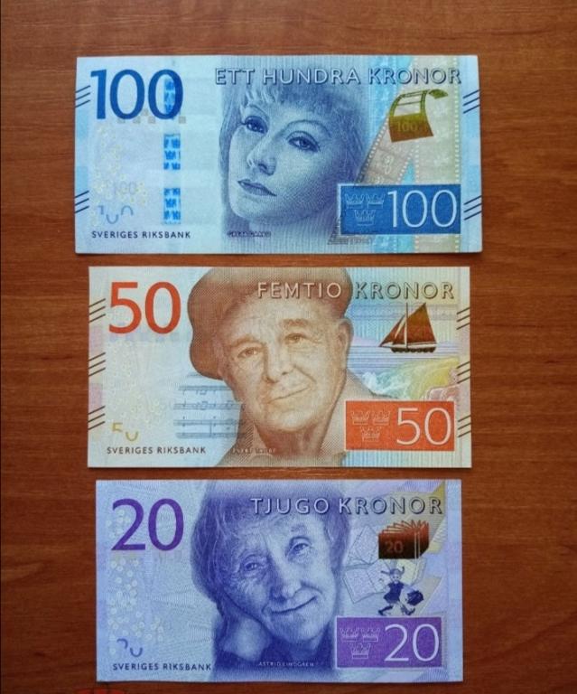Набор банкнот 100, 50, 20 крон Швеция 2016 Гарбо, Таубе, Лингред