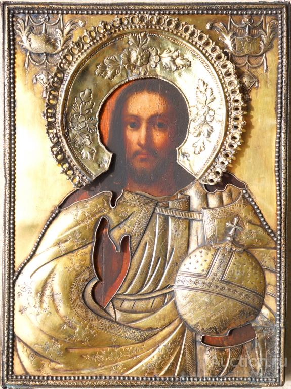 Икона Спасителя в тяжелом кованом окладе из серебра "84". Россия, СПб., XVIII век