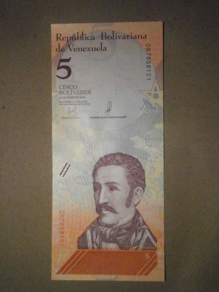 Банкнота. 5 боливаров. Венесуэла. 2018 год.  Состояние UNC.  Лот №465
