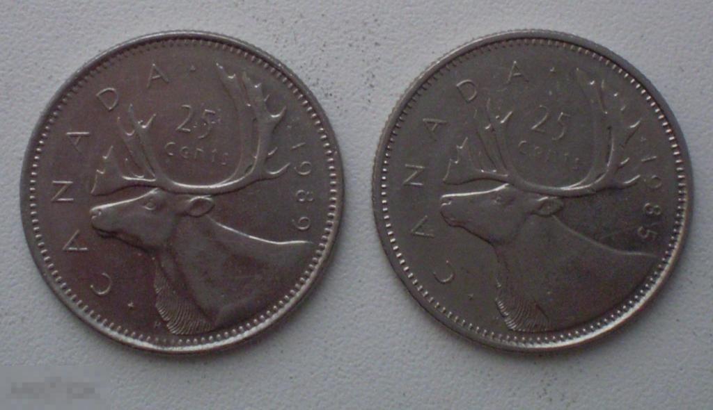Канада. 25 центов. 1985, 1989 гг. 2 шт. Олень