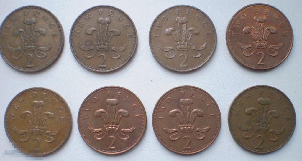Великобритания. 2 новых пенса. 8 шт. 1971-2005 гг.