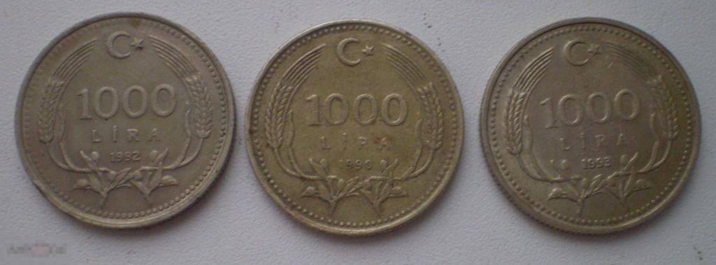 Турция. 1000 лир. 3 монеты. 1990, 1992 гг.