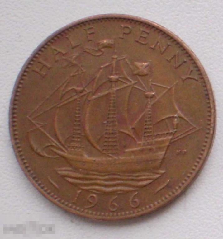 Великобритания. Пол-пенни. Half penny 1966 г.  Парусник