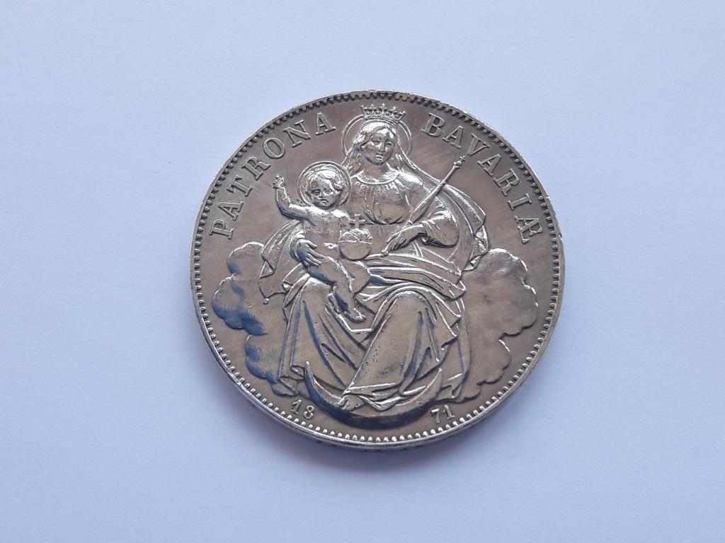 1 талер 1871 года. Бавария. Мадонна. aUNC. Штемпелный блеск.