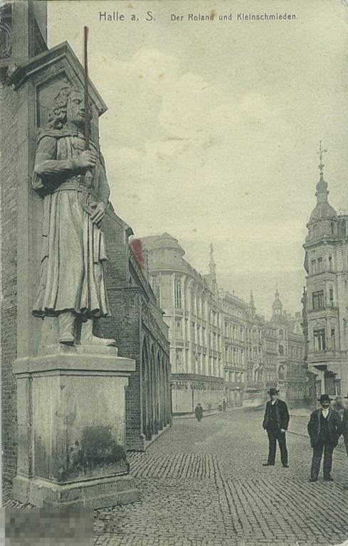 Германия. Галле (Заале). Статуя Роланда и район Кляйншмиден. Halle a. S. Roland & Kleinschmieden