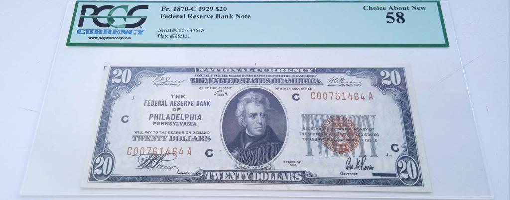 банкнота 20 долларов США 1929 года FRB PHILADELPHIA PCGS 58