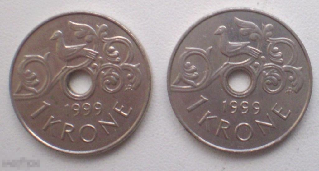 Норвегия. 1 крона. 1999 г. 2 шт.