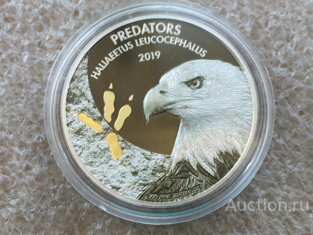 Конго 20 франков 2019 Белоголовый орлан Орел птица Хищники ЦВЕТНАЯ СЕРЕБРО