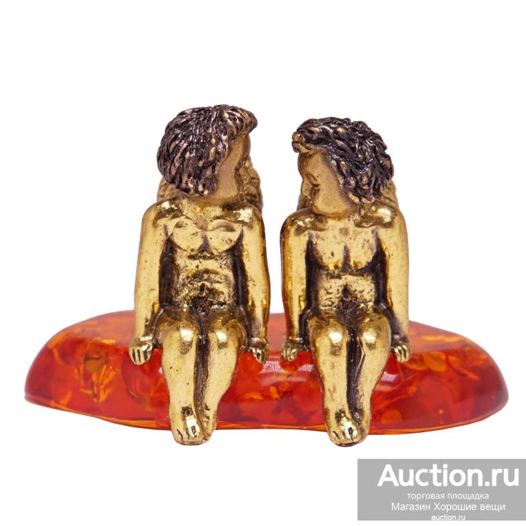 Фигурка Ангелочки на облаке миниатюра сувенир бронза латунь янтарь 2340 Хорошие Вещи