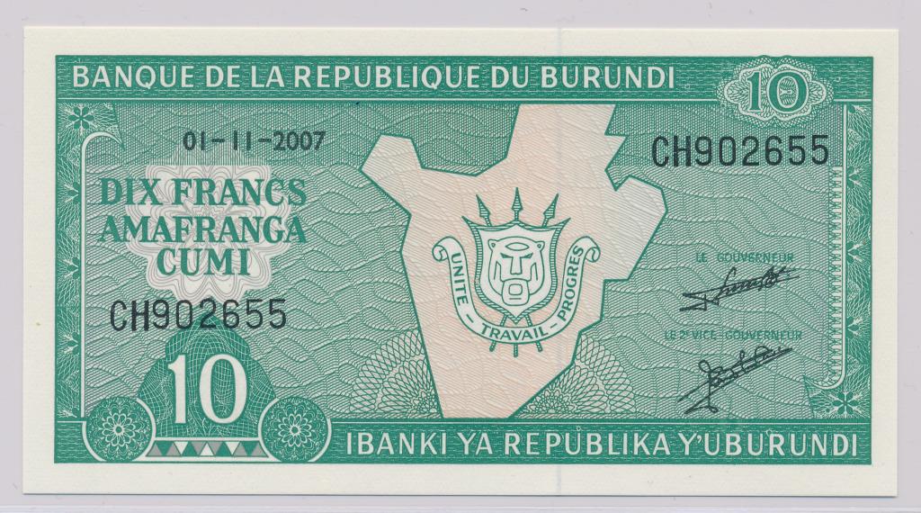 Бурунди 10 франков 2007 Р-33 UNC
