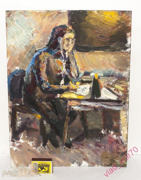 Картина За столом неизвестный художник картон масло, примерно 80-е гг. 30х40см.