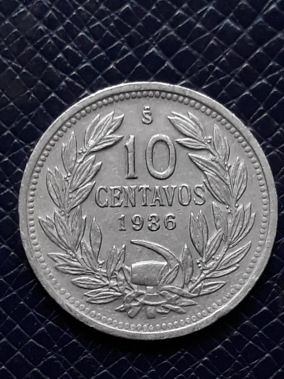 Чили 10 сентаво 1936 КМ 166