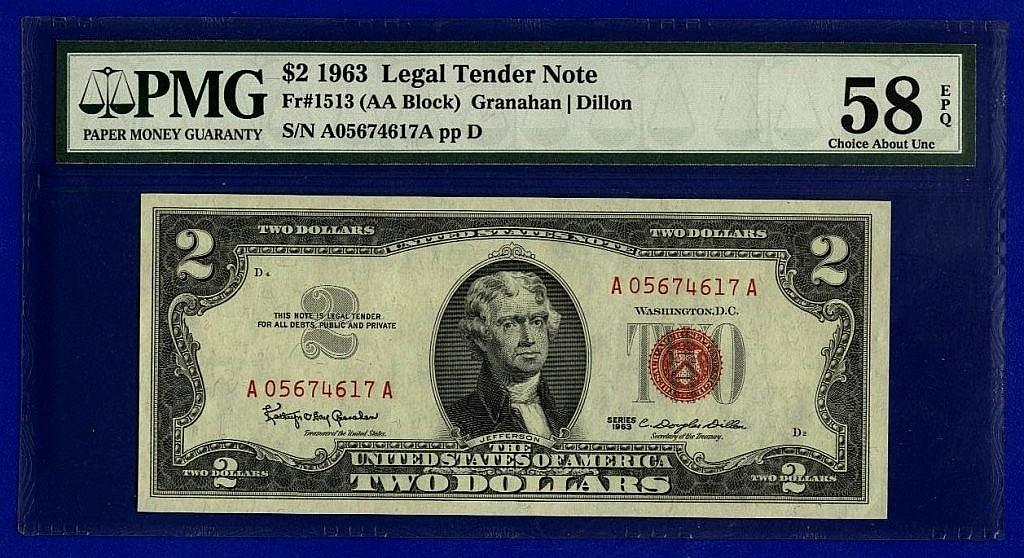 США 2 доллара 1963г  A 05674617 A  слаб PMG 58 EPQ