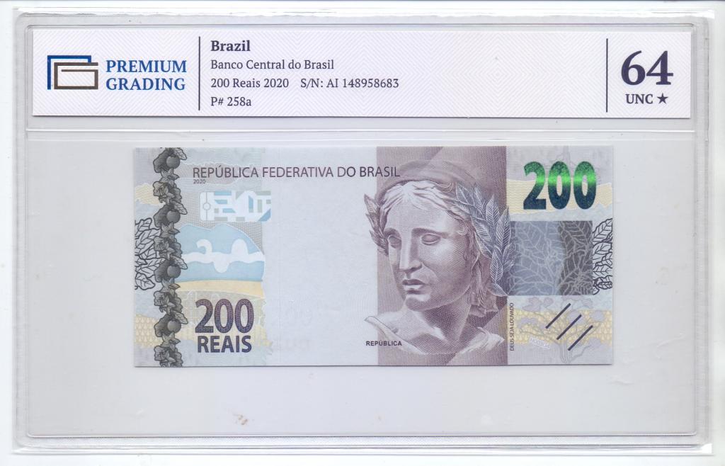 200 РЕАЛОВ, БРАЗИЛИЯ 2020 ГОД, В СЛАБЕ 64 ГРЕЙД, UNC, РЕДКОСТЬ.