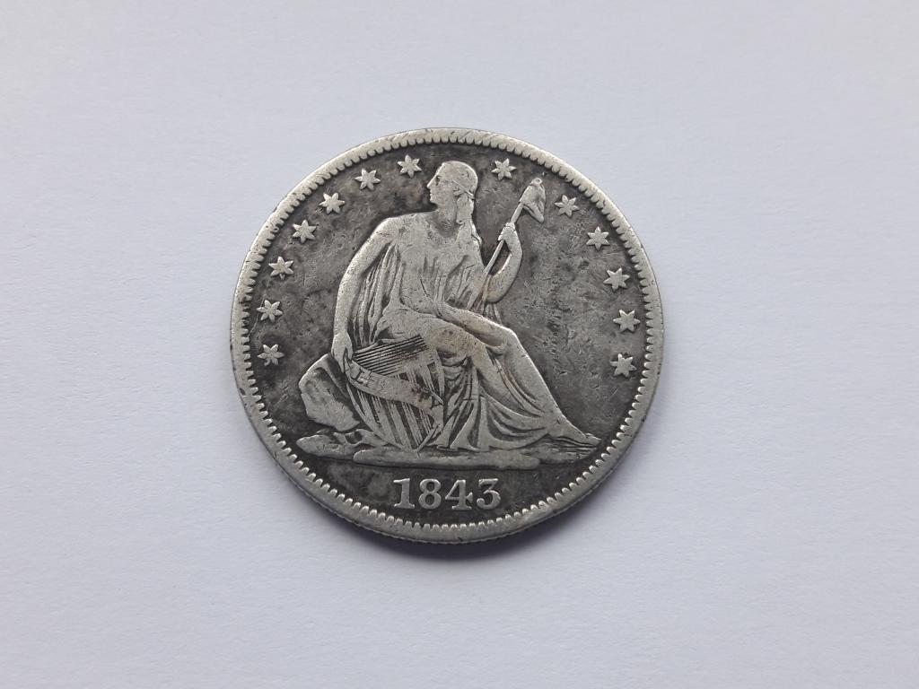 50 центов, 1/2 доллара 1843 года S. США. Хорошее состояние.