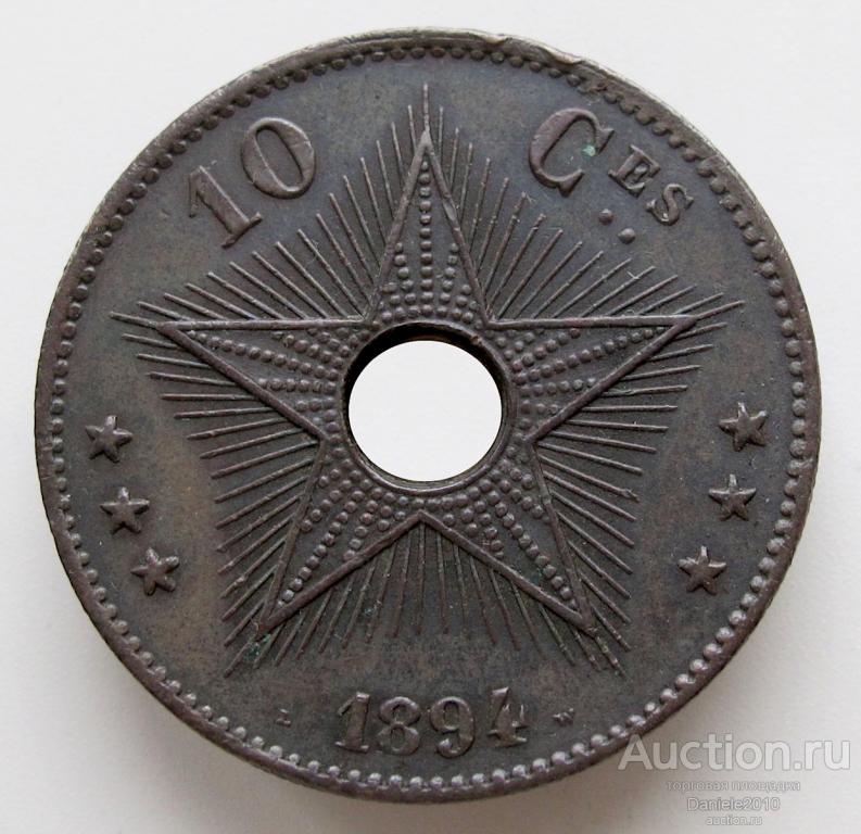 Свободное государство Конго, 10 сантимов, 1894, Медь, AU, Монета #51, Редкая!