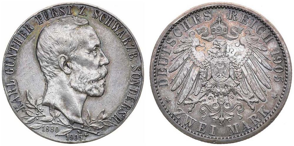 ШВАРЦБУРГ-ЗОНДЕРХАУЗЕН 2 марки 1905 Карл Гюнтер ННР AU Det. (0052)