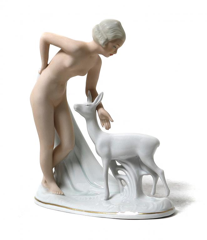Фарфоровая фигура Девушка с косулей. Schaubach Kunst