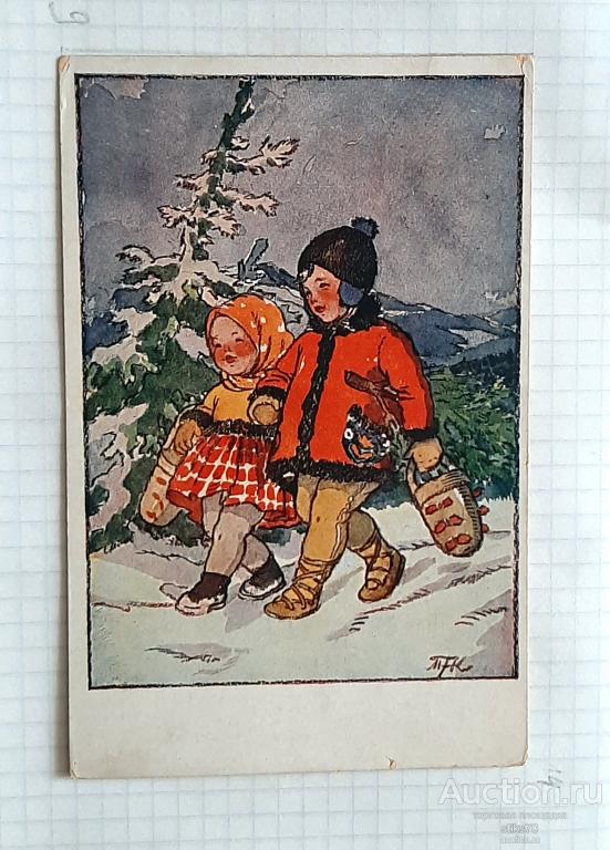 M.Fischerova-Kvechova. Рождество. Дети. Милая парочка . Зима. Ели. Филателия. 1948г
