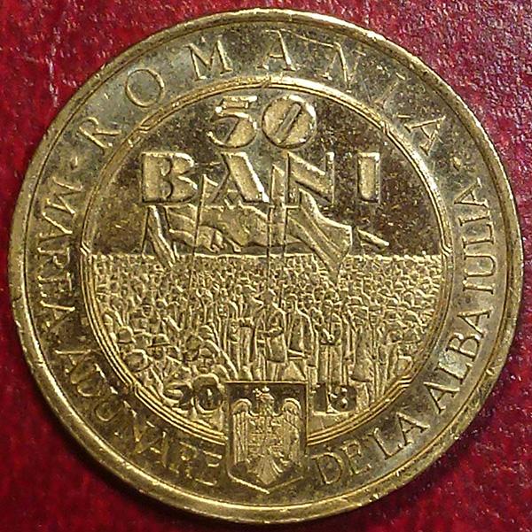 Румыния 50 бани 2018 года. 100 ЛЕТ ВЕЛИКОГО ОБЪЕДИНЕНИЯ С ТРАНСИЛЬВАНИЕЙ.