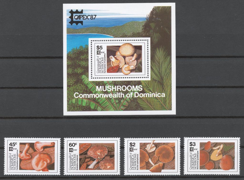 Доминика 1987 Mi# 1036-39+ Бл.120** ГРИБЫ