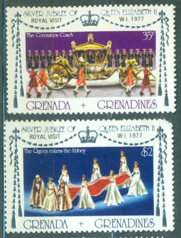 Гренада 1977 г.  пара Серебряный юбилей Елизаветы 2-й негашеная** (неаакуратный угол)