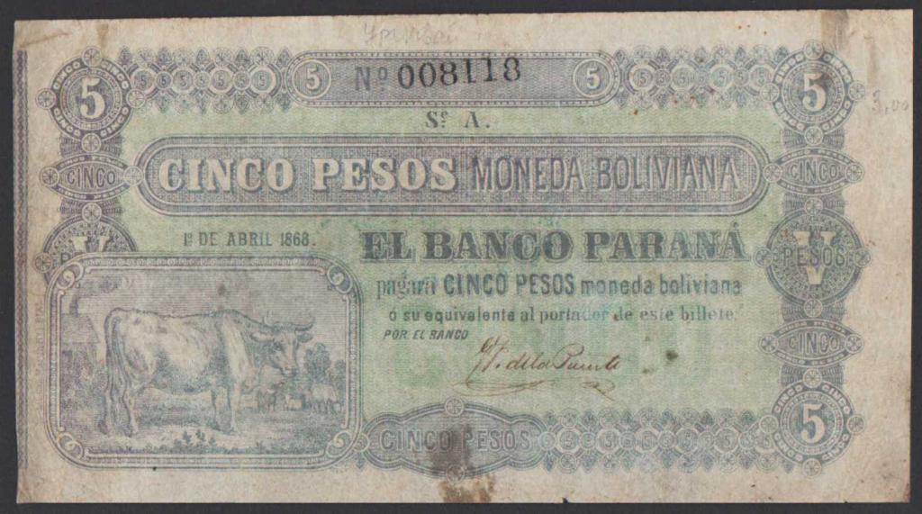 5 песо cinco pesos moneda boliviana серия А № 008118 Аргентина 1868 VERY FINE