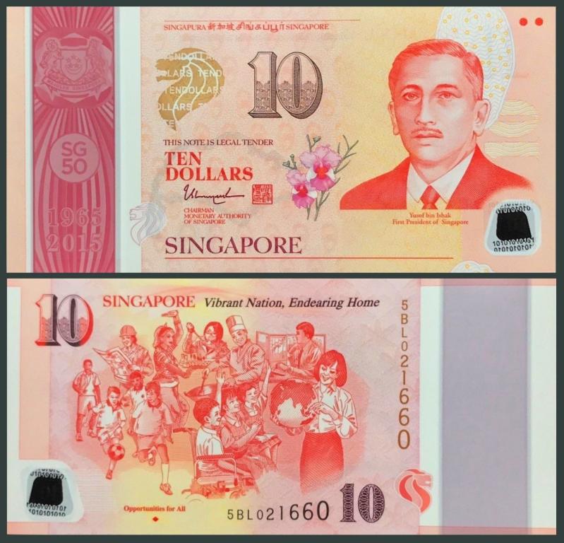 Сингапур 10 долларов 2015. 50 лет строительства государства, полимер